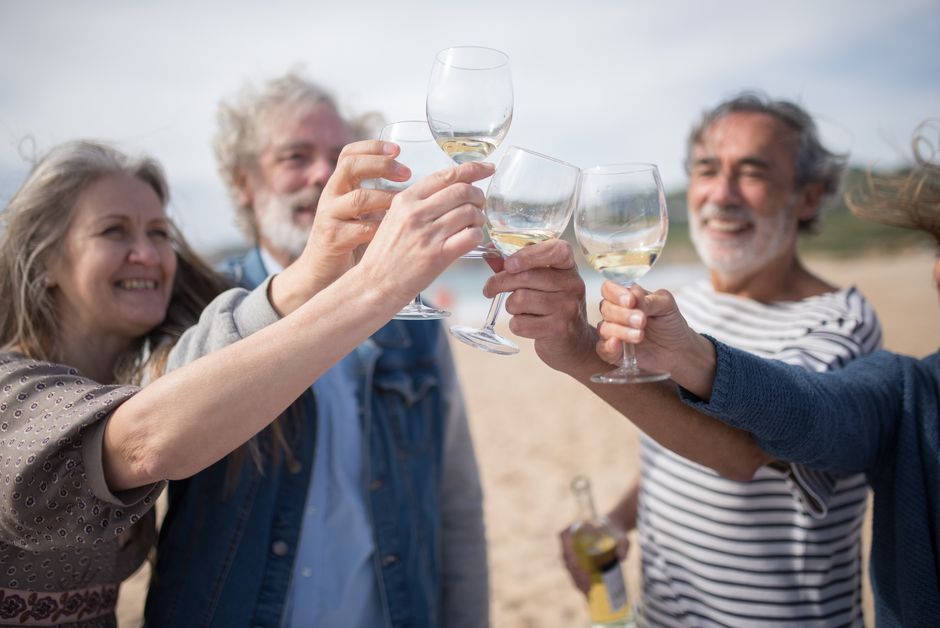 Grupo de personas mayores sonriendo durante una excursión junto al mar